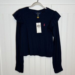 Polo Ralph Lauren Girls' Navy Blue Long-Sleeve Ruffle Top Size M 8-10